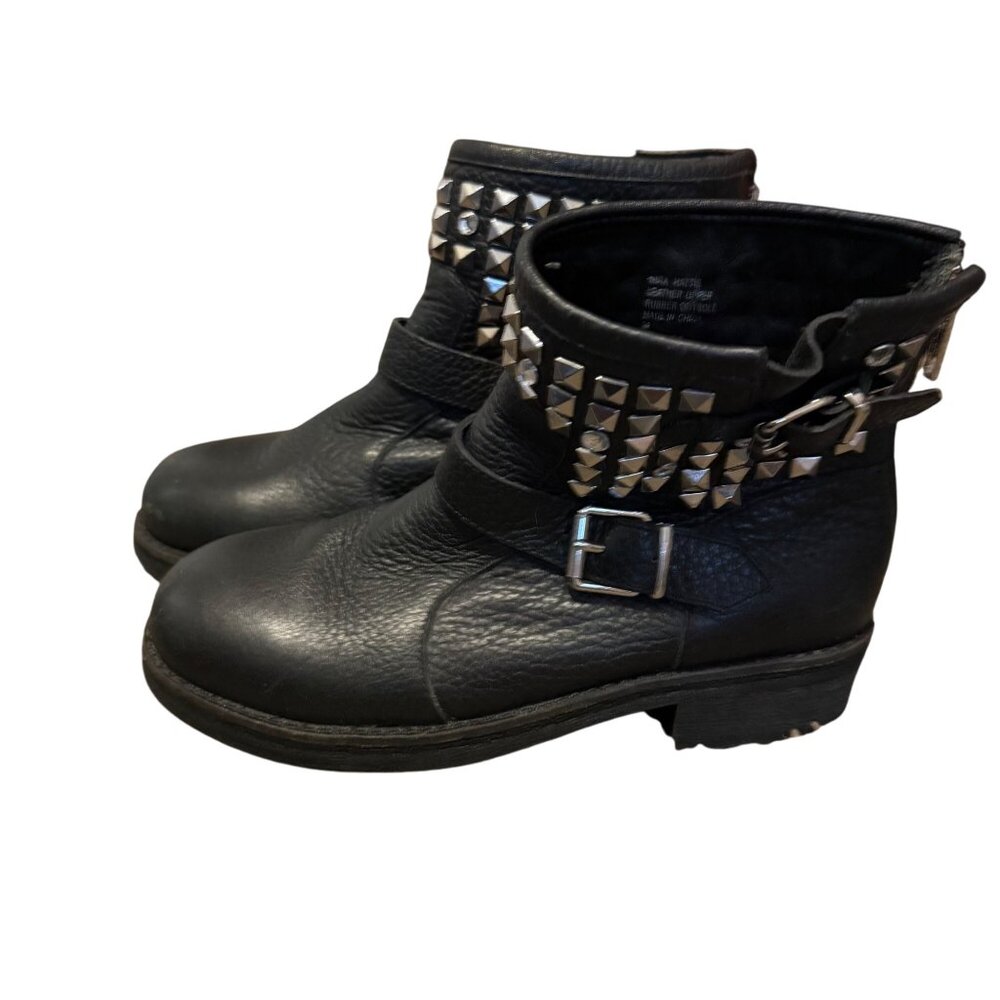 Ash Black Mira Hattie Leather Studded Rhinestone Biker Boots Womens Size 34 US4